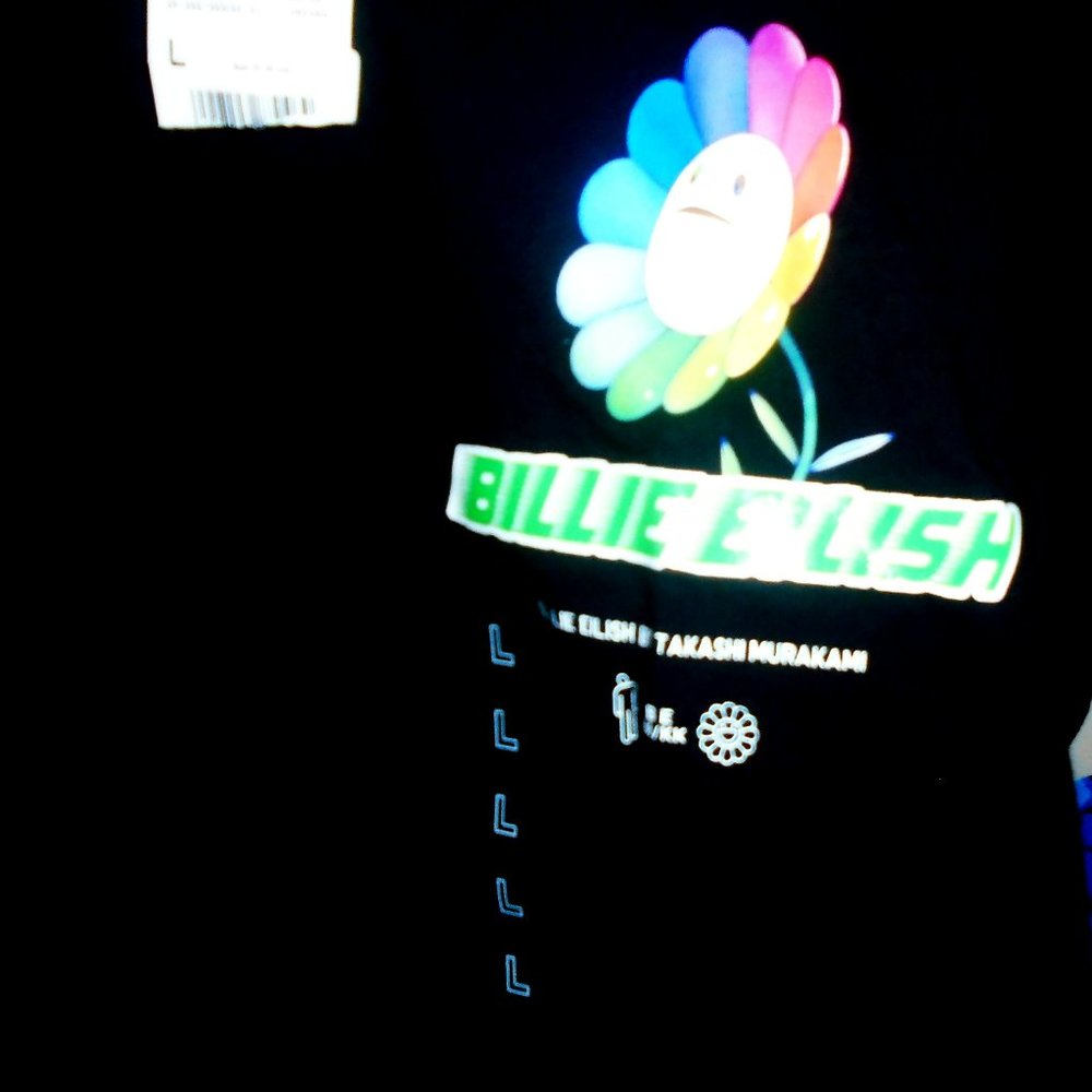billie eilish rainbow flower logo by takahashi NEW L woman tee - pop lgbtq blue